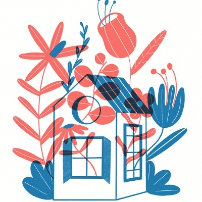 Desenho estilizado de casa com flores e folhas a cores coral e azul