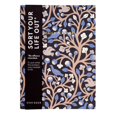 Planner diário azul com padrão floral e texto SORT YOUR LIFE OUT.