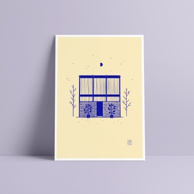 Cartaz com ilustração de janela azul sobre fundo bege