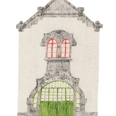 Ilustração de fachada de edifício com porta verde e janelas vermelhas com molduras cinza