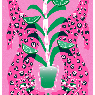 Ilustração de leopardos cor-de-rosa com um copo transparente e folhas verdes.