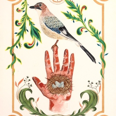 Ilustração de pássaro em mão com ninho e ovos, com decoração floral e moldura laranja