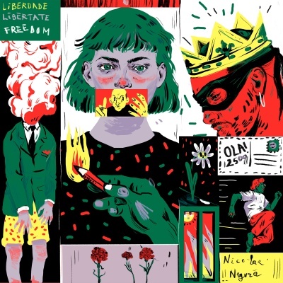 Ilustração artística com três personagens coloridos e texto em português e outras línguas.