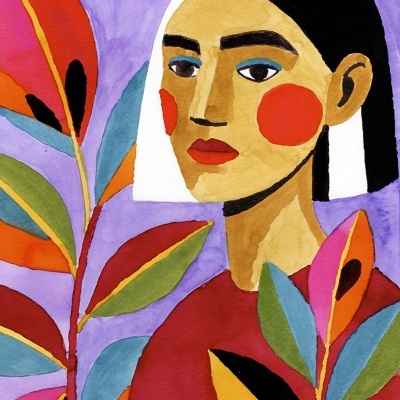 Pintura a aguarela colorida de mulher com folhas largas coloridas ao redor em fundo roxo