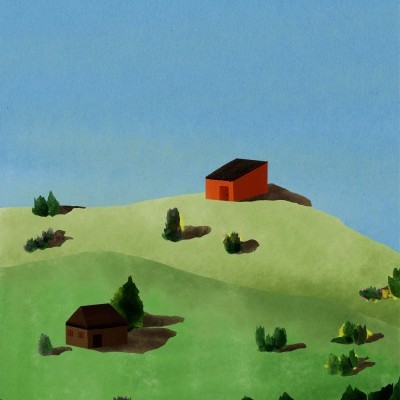 Duas casas em colinas verdes com árvores e céu azul
