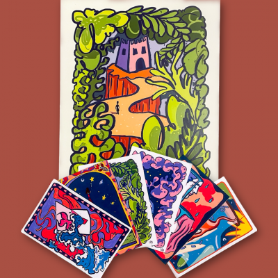 Postais ilustrativos coloridos com vários desenhos sobre fundo laranja