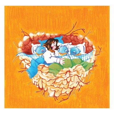 Ilustração de uma pessoa de pijama deitada num ninho de ramos com três patos azuis em fundo laranja