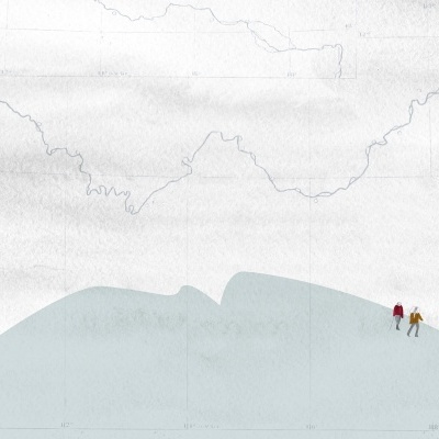 Duas silhuetas humanas coloridas sobre superfície cinzenta com linhas e contornos naturais.