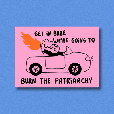 Cartaz rosa com ilustração de pessoa em carro e texto em letras pretas