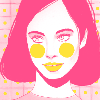 Desenho de mulher com cabelo rosa e maçãs do rosto amarelas