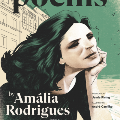 Capa de livro poems com ilustração de mulher de cabelo escuro e texto do título e autores