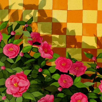 Flores cor-de-rosa com folhas verdes e parede de azulejos amarelos e laranja em quadrados