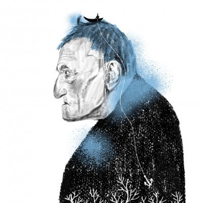 Ilustração do perfil de um homem idoso com elementos de barco e anzol incluídos no desenho.