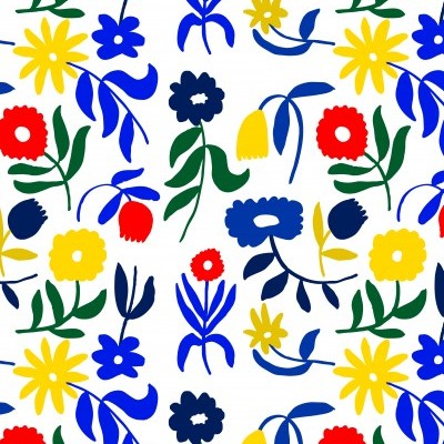 Padrão floral colorido com várias flores estilizadas sobre fundo branco