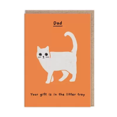 Cartão laranja com gato branco e texto em inglês para pai