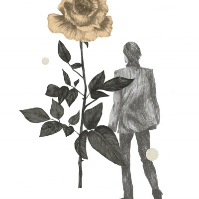 Ilustração de flor amarela grande e figura humana cinzenta de costas em fundo branco