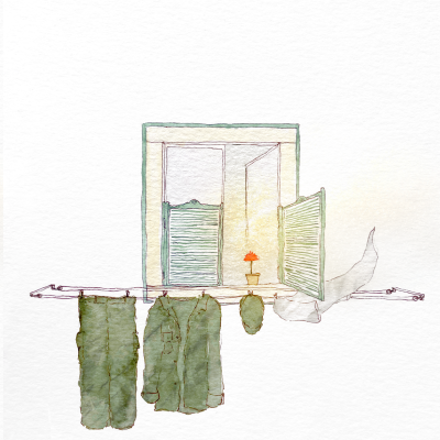 Janela verde com estendal com roupas verdes penduradas e vaso com flor laranja dentro