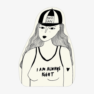 Ilustração feminina a preto e branco com boné BOSS LADY e camisola I AM ALWAYS RIGHT
