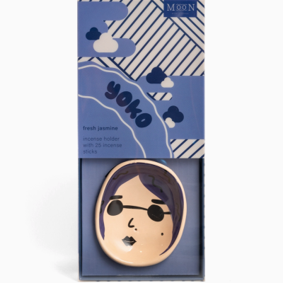Suporte para incenso cerâmico com design de rosto e embalagem azul