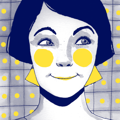 Ilustração de rosto feminino com cabelo azul, bochechas e brincos amarelos e fundo quadriculado cinza com bolinhas amarelas