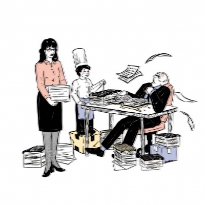 Ilustração de pessoas e papéis em ambiente de escritório