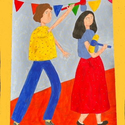 Ilustração de duas pessoas com instrumentos coloridos em fundo com bandeirinhas.