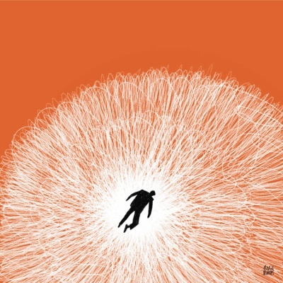 Figura humana preta no centro de linhas brancas circulares sobre fundo laranja