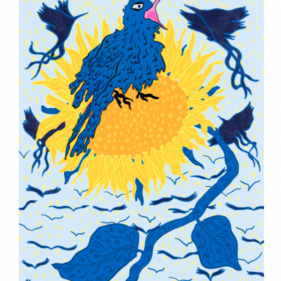 Ilustração colorida de girassol com pássaros azuis e pretos