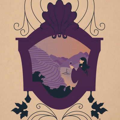 Ilustração decorativa com moldura roxa, uvas, folhas e pessoa a beber vinho em vinhas.