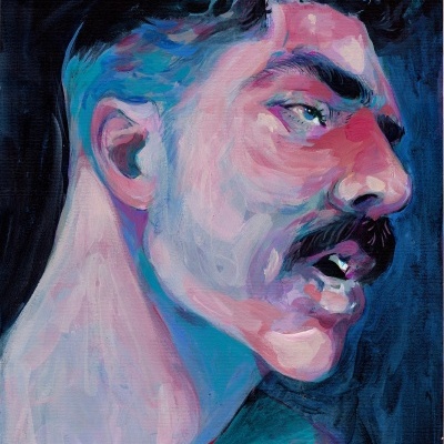 Retrato masculino pintado em óleo com cores vibrantes e fundo escuro