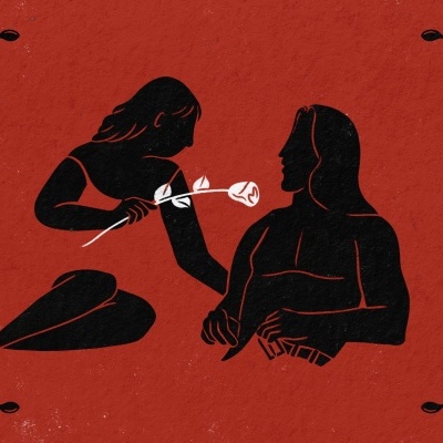 Ilustração a preto e vermelho de duas figuras humanas com uma flor