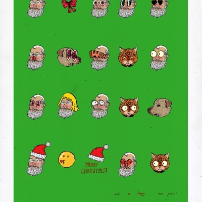 Ilustrações caricaturais de homem com barba, animais e objetos festivos sobre fundo verde