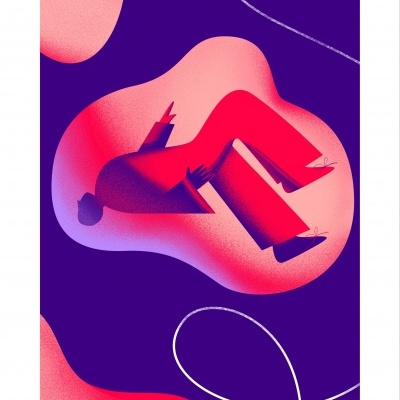 Ilustração abstrata de uma figura humana vermelha sobre fundo roxo com formas rosa