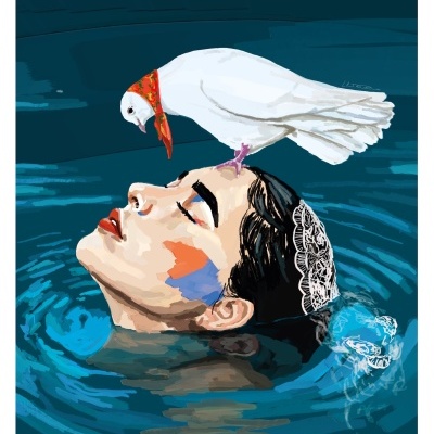Ilustração de mulher submersa na água com pombo branco pousado na cabeça