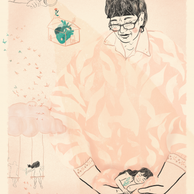 Ilustração artística com figuras femininas, crianças e pássaros em tons suaves de rosa e bege.