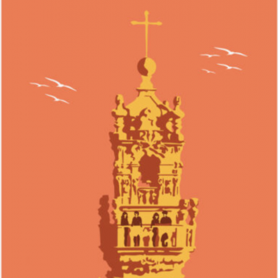 Desenho estilizado da Torre dos Clérigos em amarelo sobre fundo laranja com texto branco