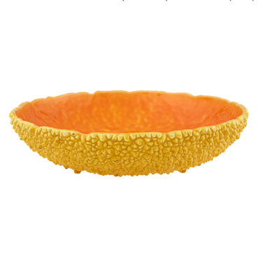 Tigela oval decorativa amarelo com interior laranja