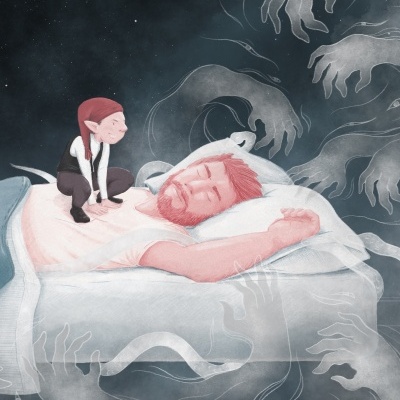 Ilustração de homem a dormir na cama com figura pequena e mãos fantasmagóricas em fundo escuro