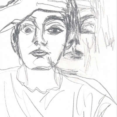 Desenho a lápis de duas figuras humanas sobrepostas com uma mão na testa.