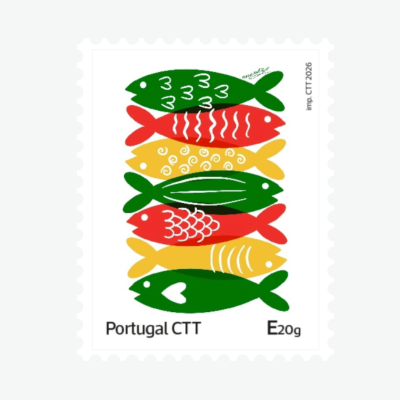 Selo postal com peixes coloridos e texto Portugal CTT