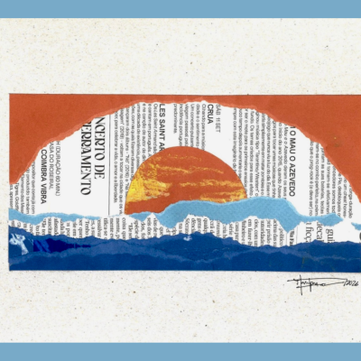 Colagem artística com pôr do sol em papel rasgado e texto impresso