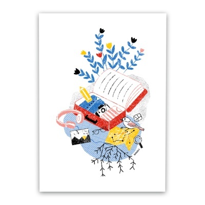 Ilustração colorida de objetos de papelaria e natureza sobre fundo branco