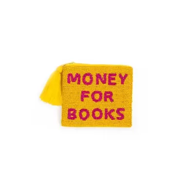Carteira amarela com contas e texto MONEY FOR BOOKS em cor-de-rosa