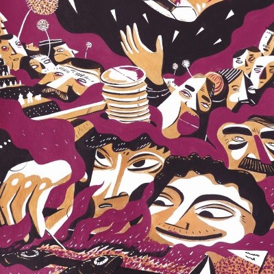 Ilustração colorida com figuras humanas estilizadas e elementos abstratos em tons roxos, bege e preto