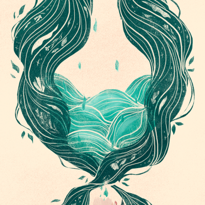 Ilustração artística de mulher com cabelos verdes longos, flores e coração anatómico rosa