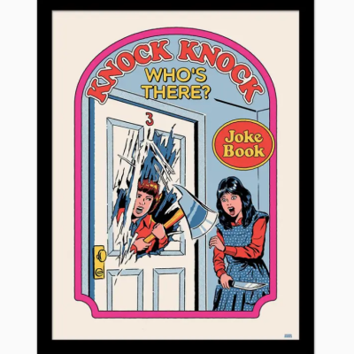 Capa de livro de piadas com título e ilustração de rapazes junto a porta partida