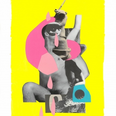 Colagem artística com figura humana em preto e branco e formas coloridas sobre fundo amarelo