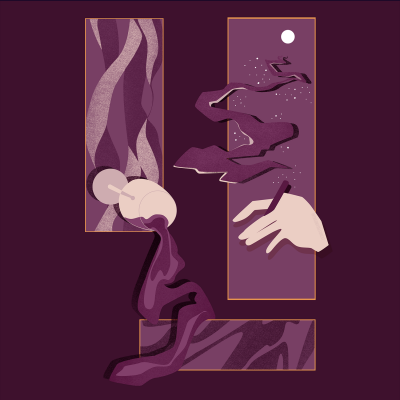 Arte abstrata com mão segurando cigarro e formas onduladas em tons de roxo