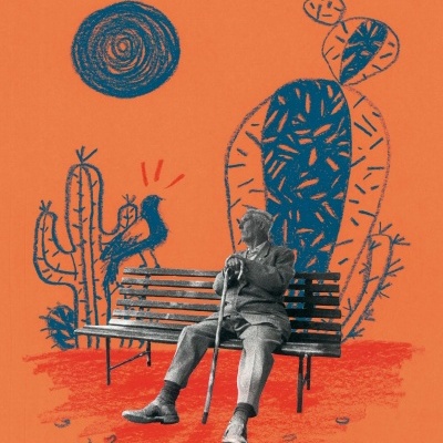 Figura masculina sentada num banco com cactos e pássaro desenhados ao fundo