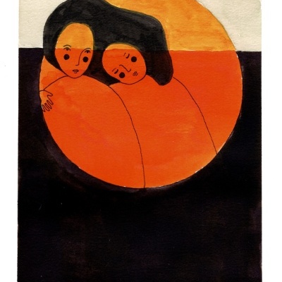 Ilustração abstrata de duas figuras humanas com corpo laranja sobre fundo circular laranja e fundo maior preto e branco.